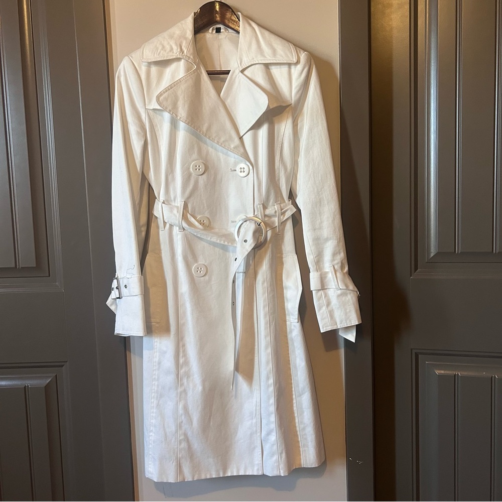 Le Château Classic White Belted Trench Coat 100% Cotton 2010s Chic Size Small